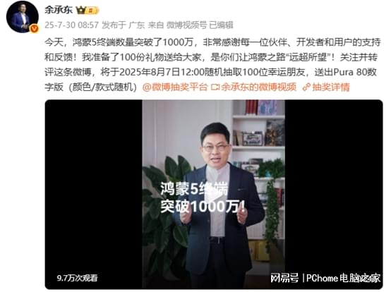 快牛盘 鸿蒙系统5终端数量突破千万：已成中国第二大移动系统